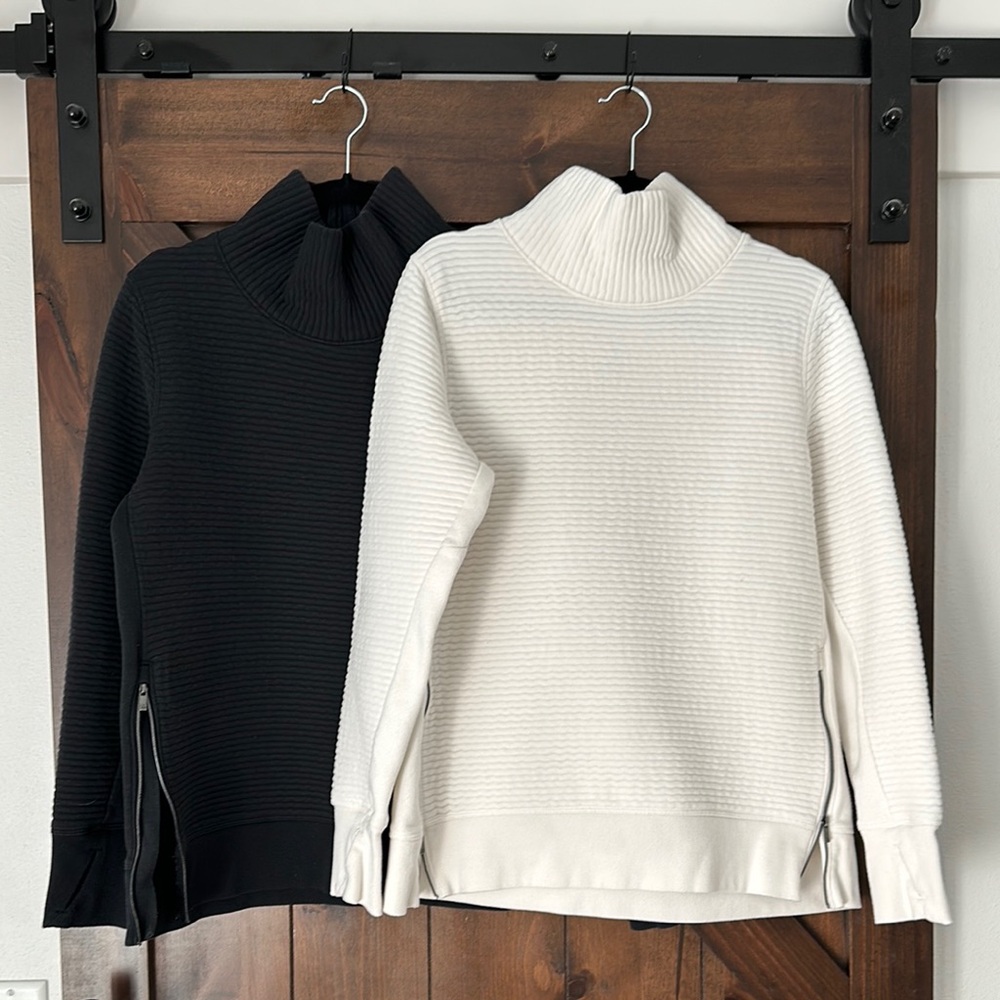 TWO Women's Ribbed Turtleneck Sweater - Black and White - thumb holes/side zip